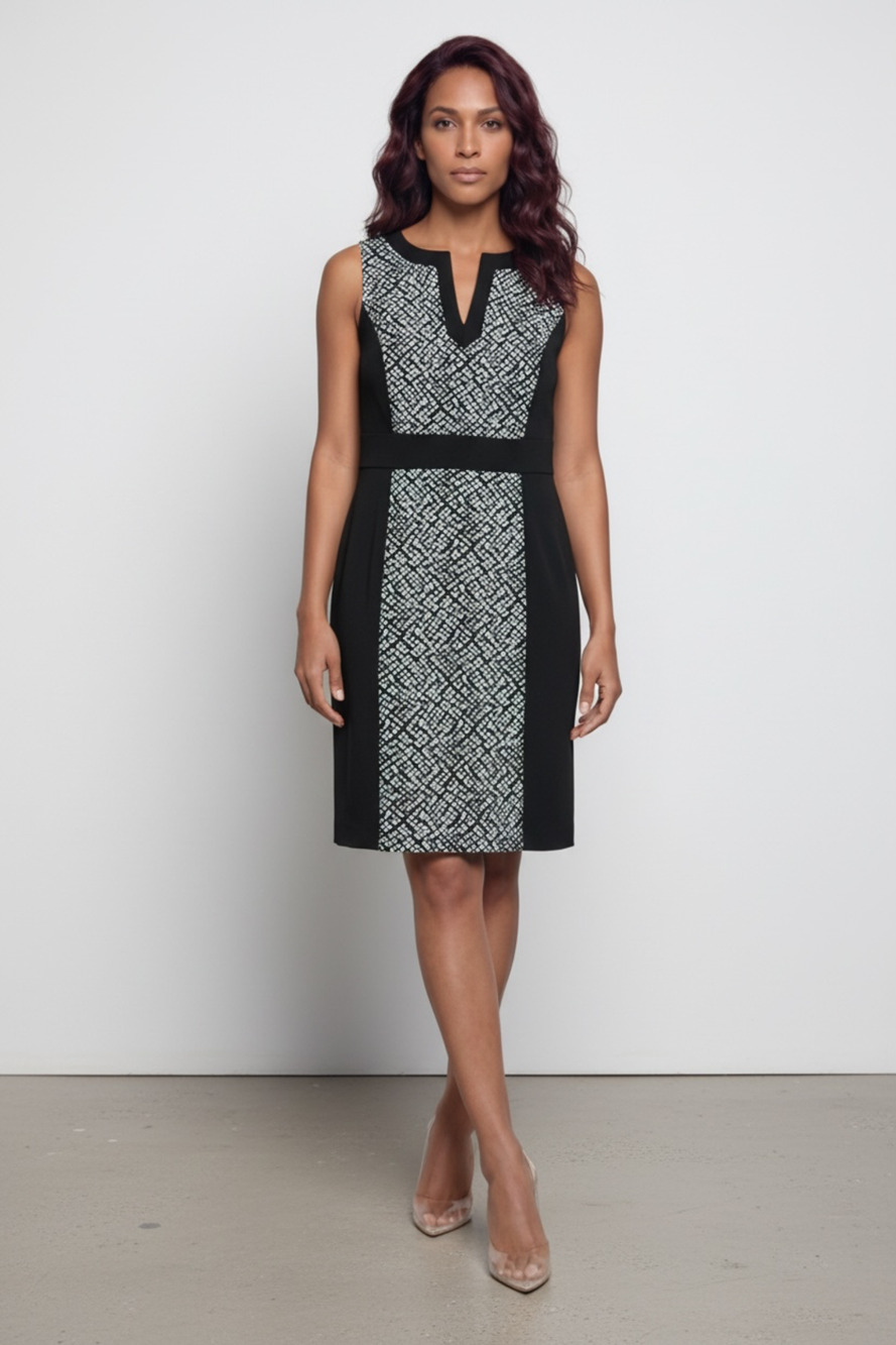 Tahari ASL Jennie Sleeveless Split Neck Jacquard Insert Black Sheath Dress